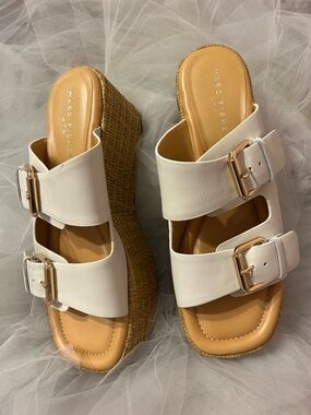 Marc Fisher White Double-Buckle Wedge Sandals